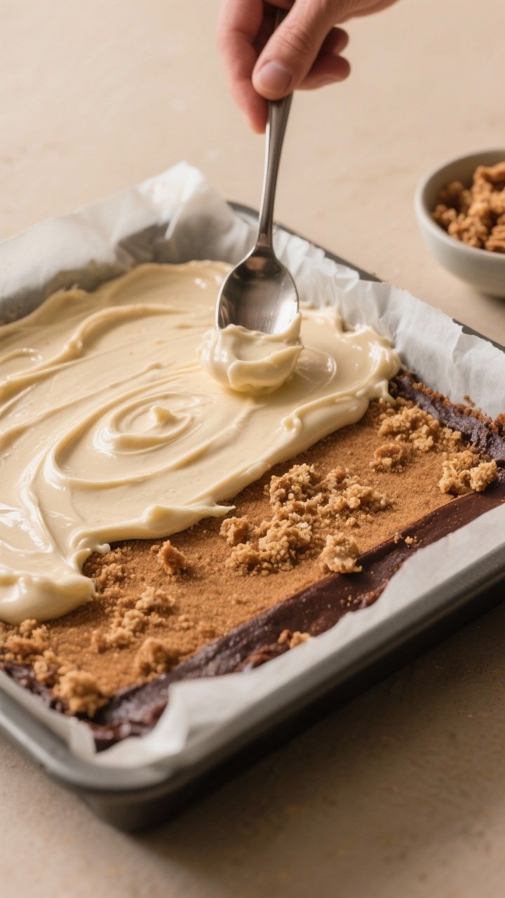 Close-up process shot of the layering stage: half the thick, spreadable batter smoothed in the parch