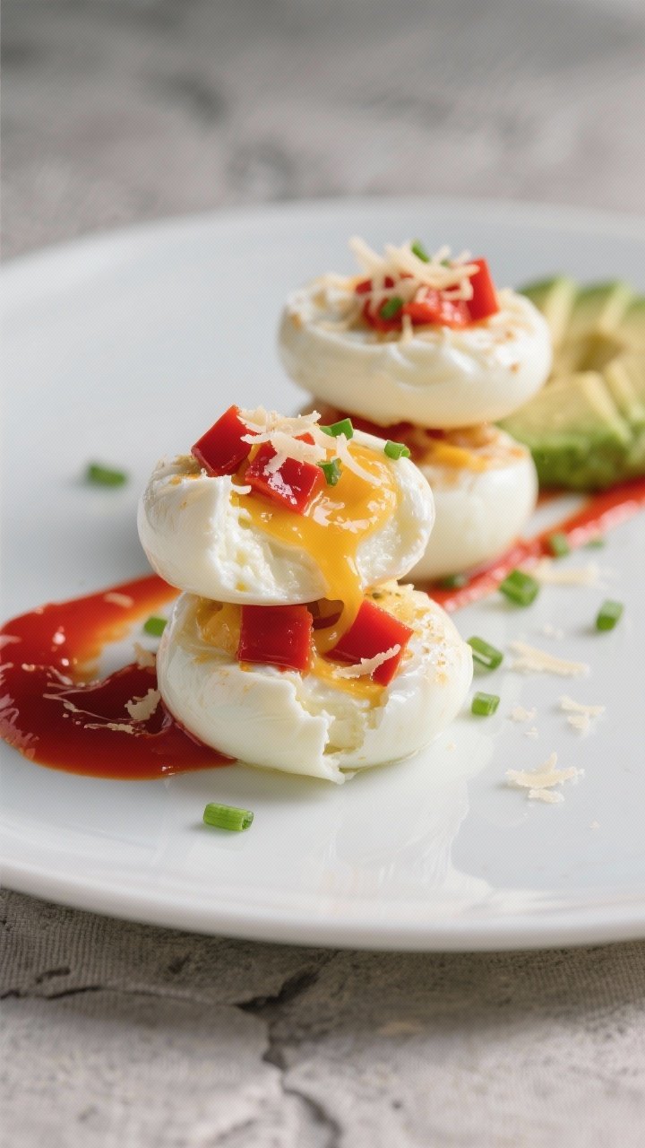 Close-up, restaurant-quality plated presentation of three egg white & red pepper bites stacked and s