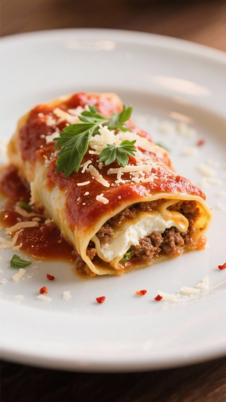 Close-up, shallow depth-of-field detail of a single lasagna roll plated on a matte white plate, slic