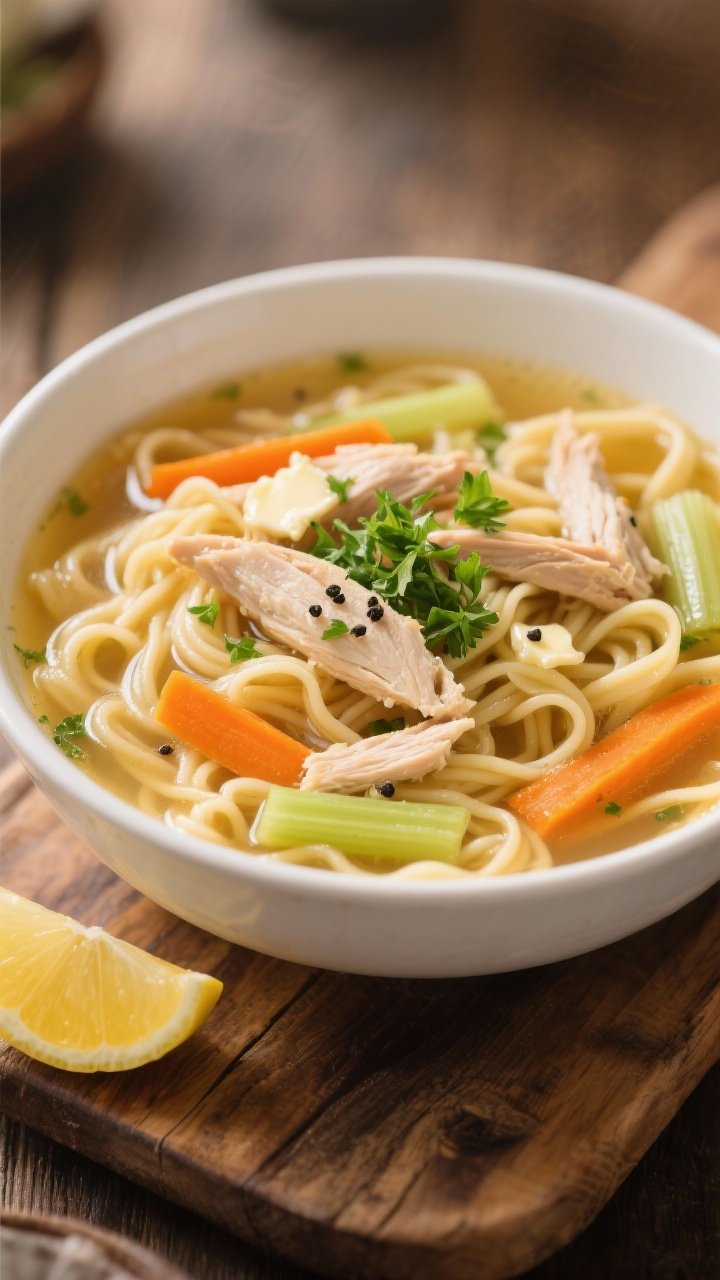 Close-up, shallow depth-of-field final bowl of chicken noodle soup: extra-wide egg noodles intertwin