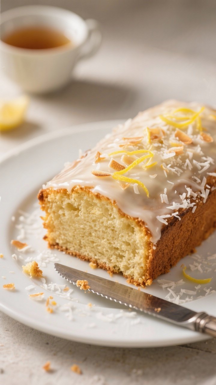 Close-up slice-and-serve detail of the finished coconut loaf cake on a matte white plate: tender, mo