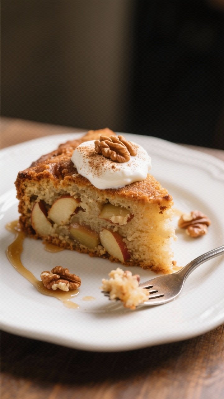 Close-up three-quarter angle of a plated slice of the cake served for breakfast: thick slice on a wh
