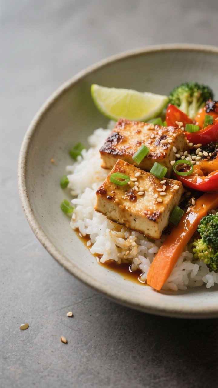 Close-up, three-quarter angle of the final plated bowl: baked tofu and roasted veggies over fluffy w