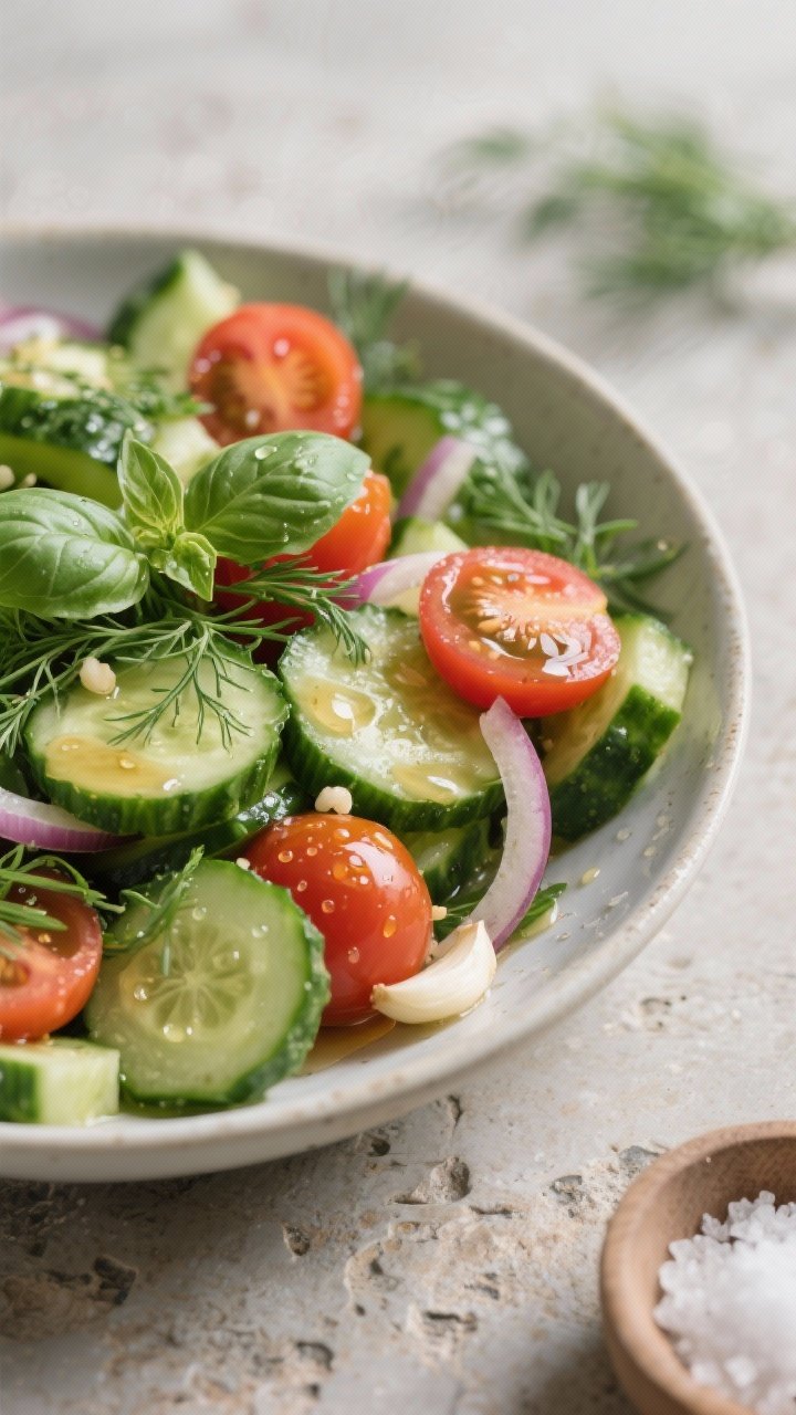 Close-up, three-quarter angle of the salad just after tossing: cucumbers look deeply crisp from brie