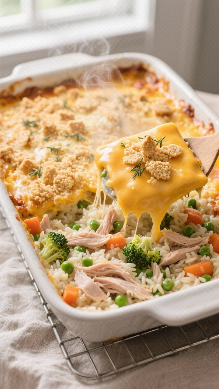 Cooking process close-up: A 9x13 casserole just out of the oven at 375°F, hot and bubbling around t