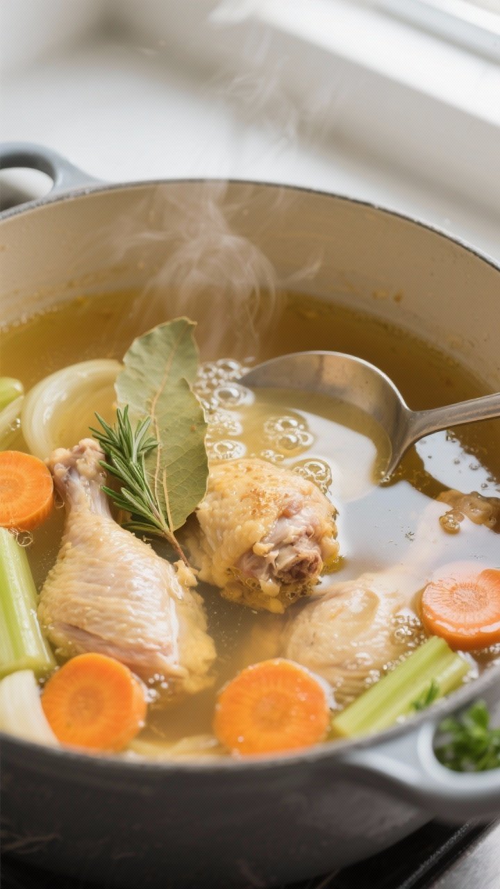 Cooking process close-up: A large Dutch oven at a gentle simmer with clear, golden chicken broth swi