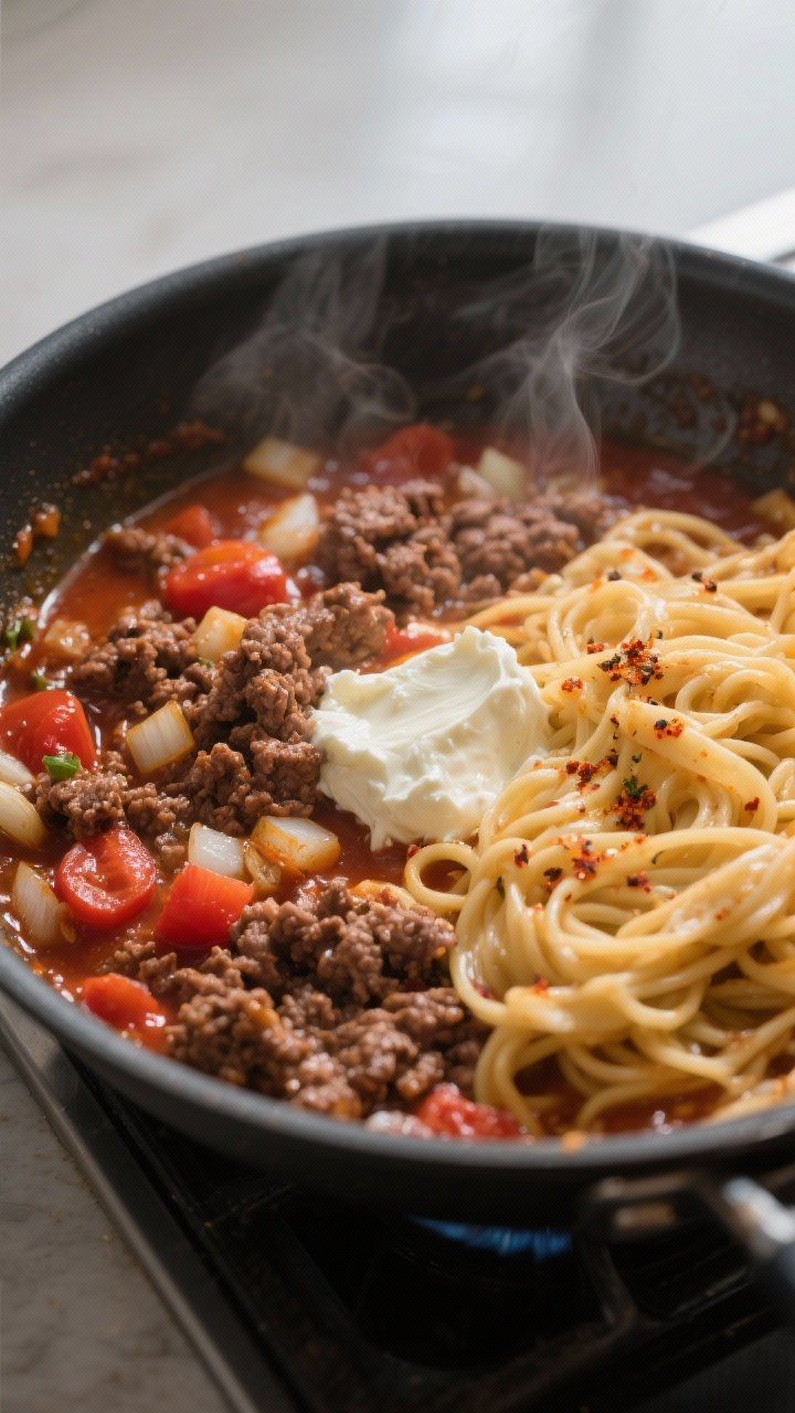 Cooking process close-up: A large skillet of browned ground beef with sautéed diced onions and garl