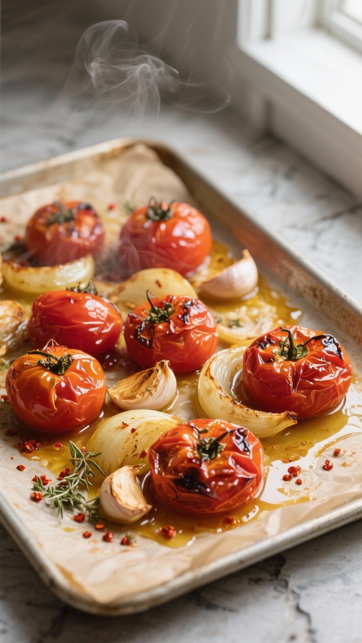 Cooking process close-up: A sheet pan just out of a 425°F oven showing caramelized, jammy roasted t