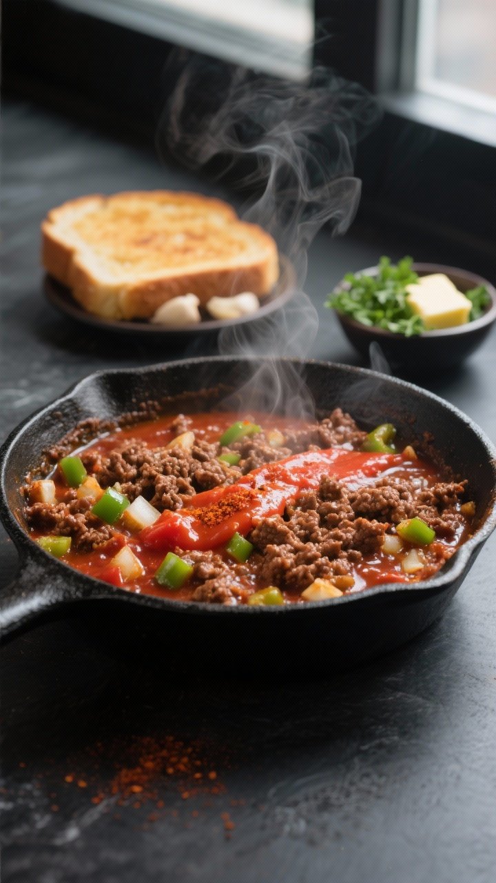 Cooking process close-up: A sizzling skillet of browned ground beef simmering in glossy, thick slopp