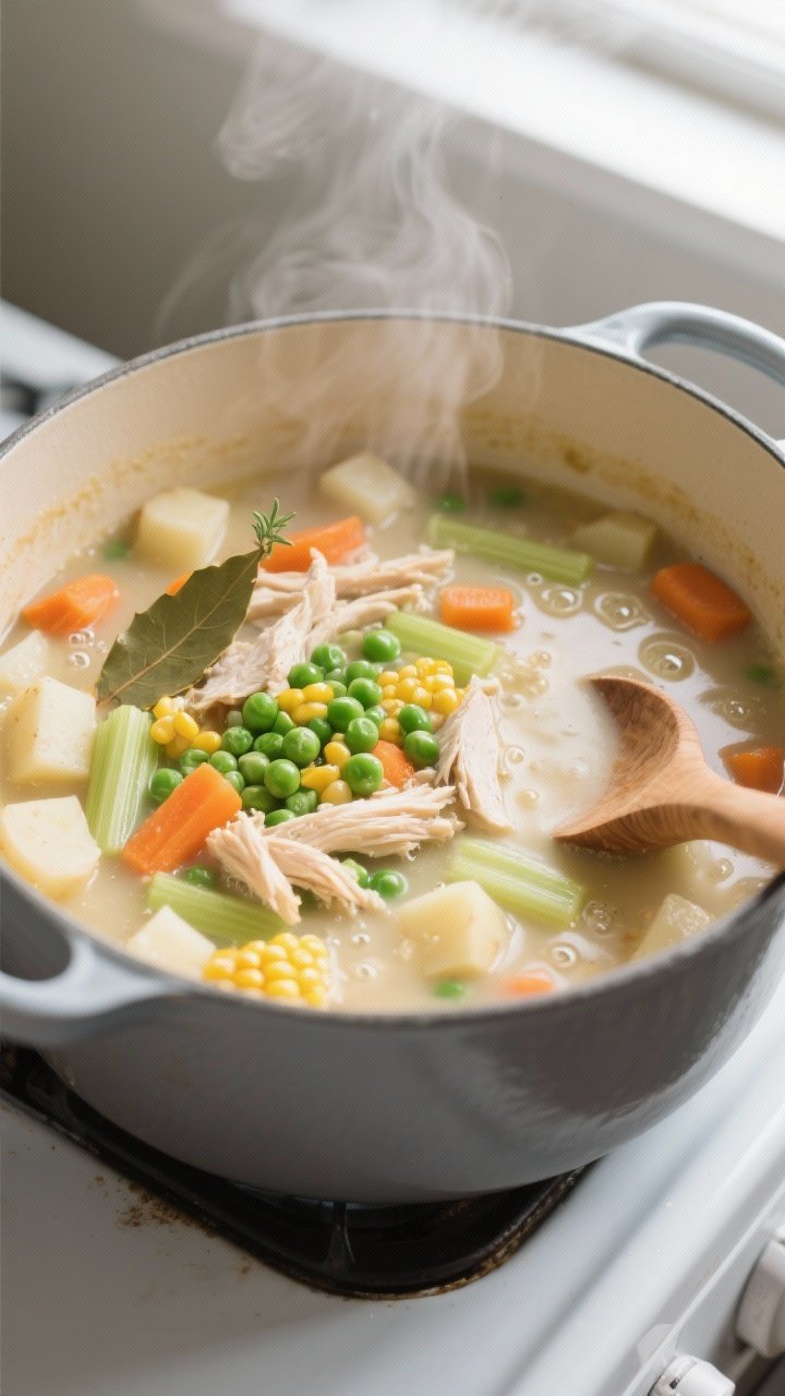 Cooking process close-up: A steaming Dutch oven of Healthy Chicken Pot Pie Soup mid-simmer, overhead