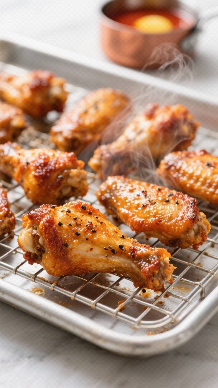 Cooking process close-up: A tight, shallow depth-of-field shot of golden, oven-baked Buffalo chicken