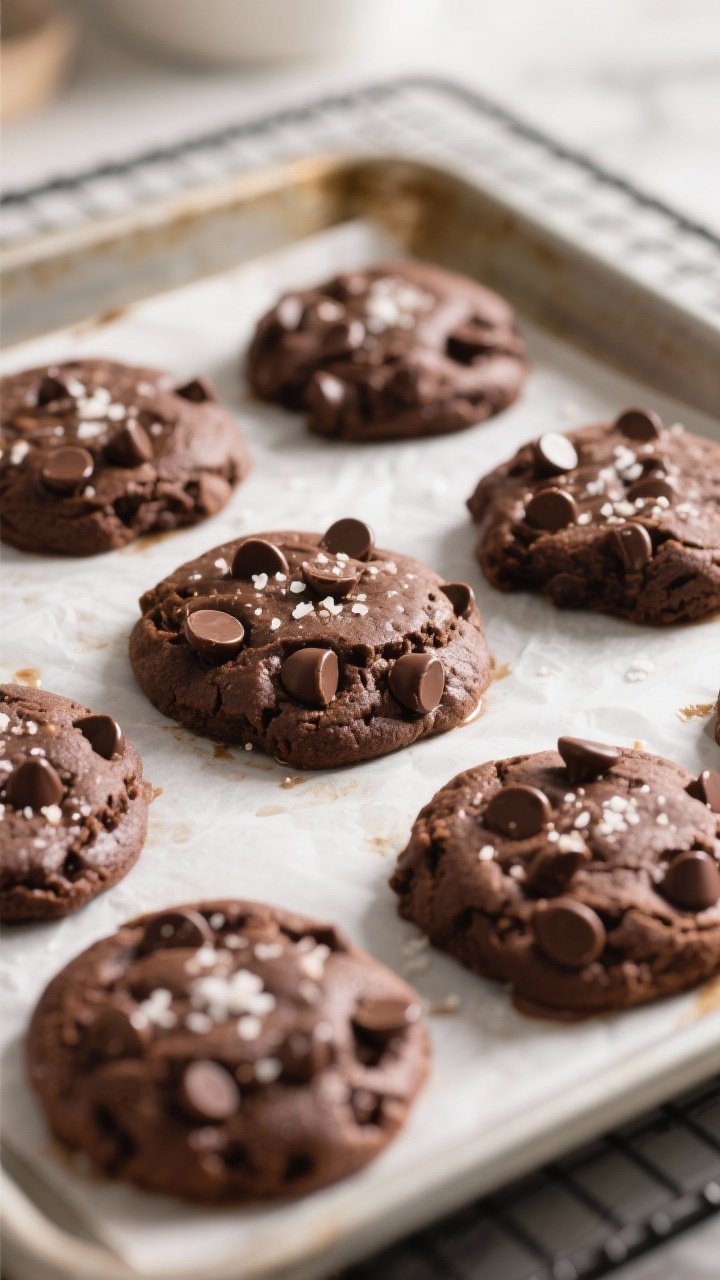 Cooking process close-up: A tray of freshly baked double chocolate chip cookies just out of a 350°F
