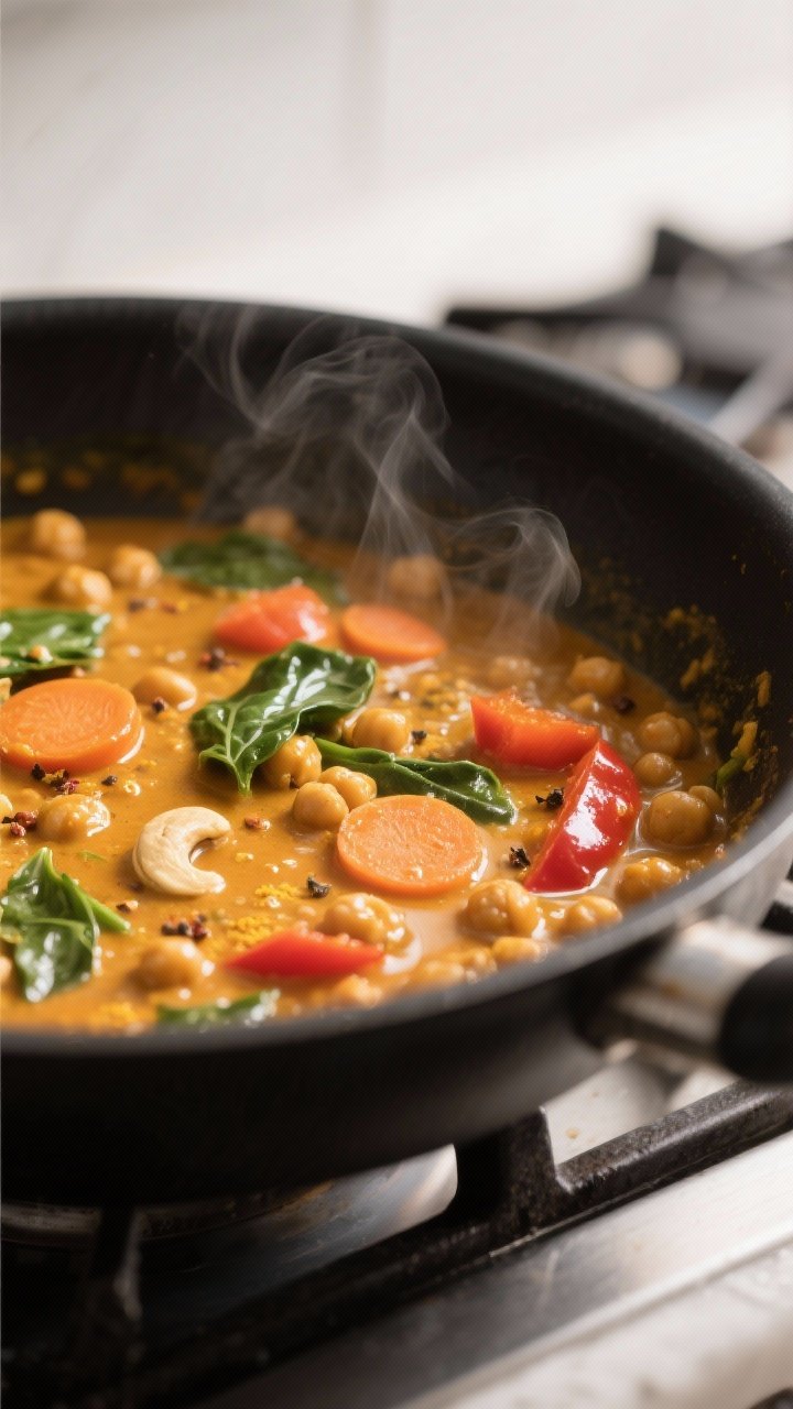 Cooking process close-up: Chickpea curry simmering in a wide, matte-black skillet, mid-cook stage af
