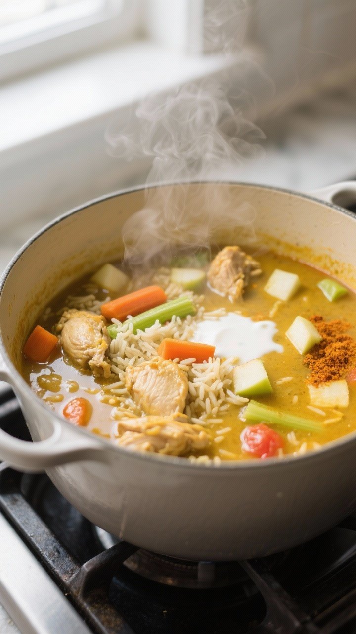 Cooking process, close-up detail: A deep, enamel Dutch oven on the stovetop with Chicken Mulligatawn