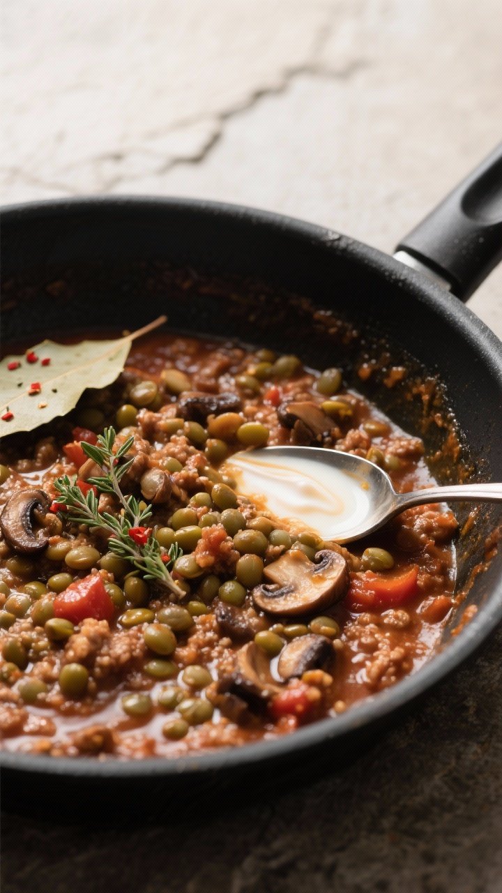 Cooking process, close-up detail: A deep sauté pan of simmering vegetarian lentil bolognese mid-coo