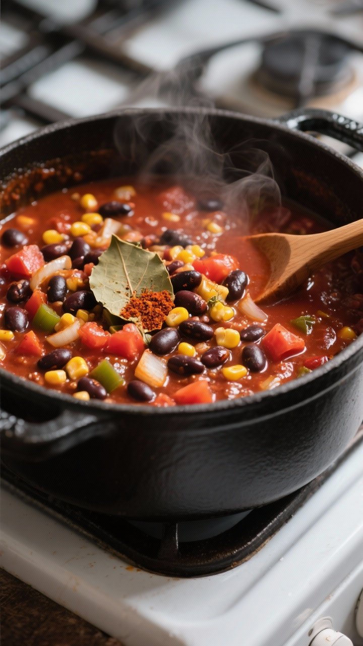 Cooking process, close-up detail: A Dutch oven of simmering vegetarian bean chili mid-cook, showing