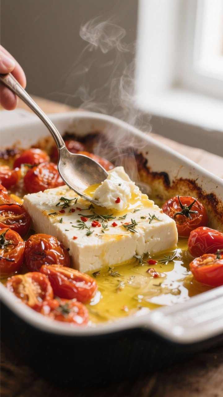 Cooking process, close-up detail: A shallow-depth-of-field close-up of the just-roasted feta tomato 
