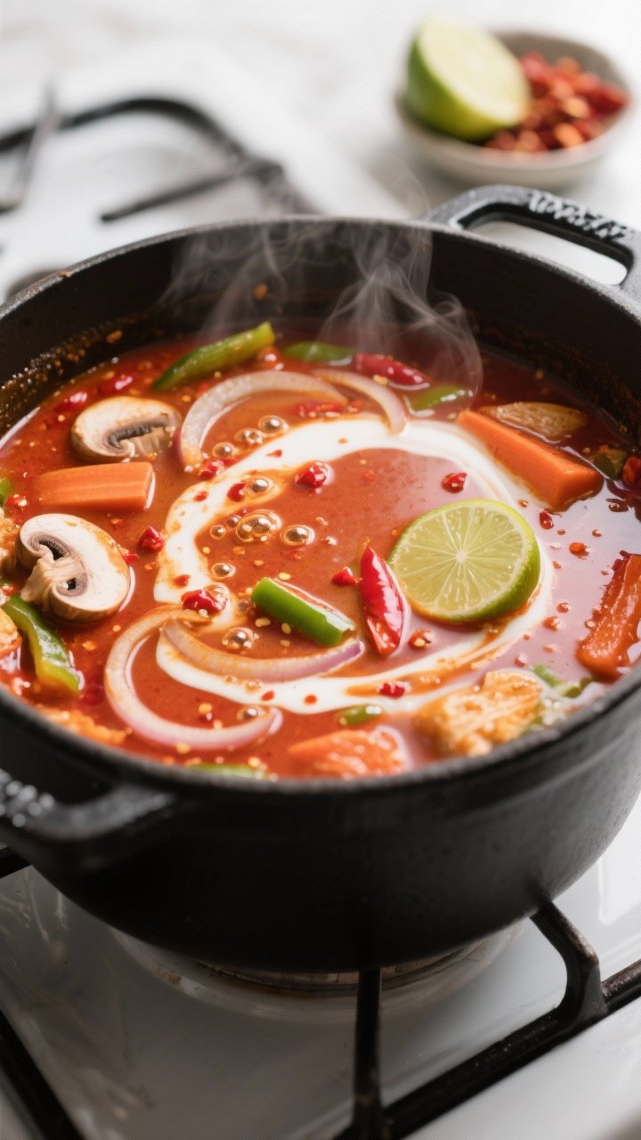 Cooking process, close-up detail: A steaming pot of vegetarian Thai red curry broth mid-simmer, show