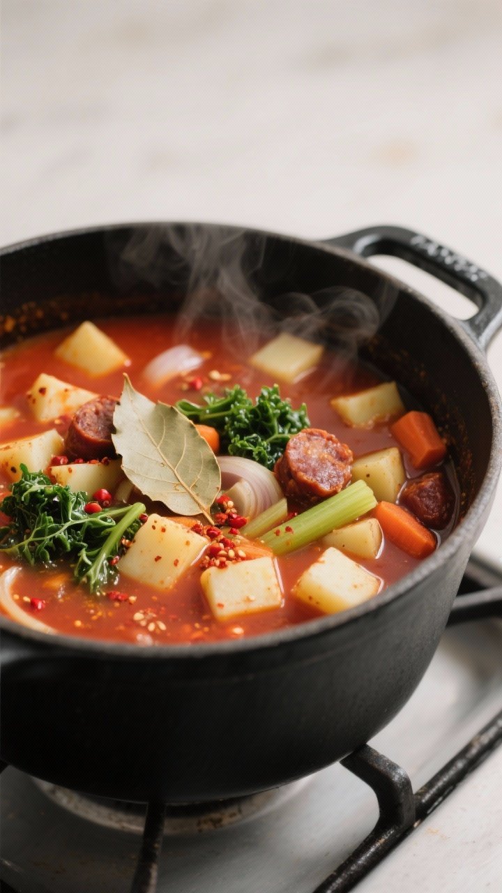 Cooking process, close-up detail: A steaming pot of chorizo and potato soup mid-simmer, captured clo