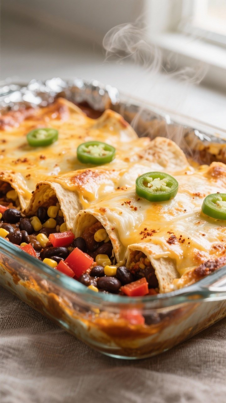 Cooking process, close-up detail: A tight, 45-degree close-up of the enchilada casserole mid-bake ju