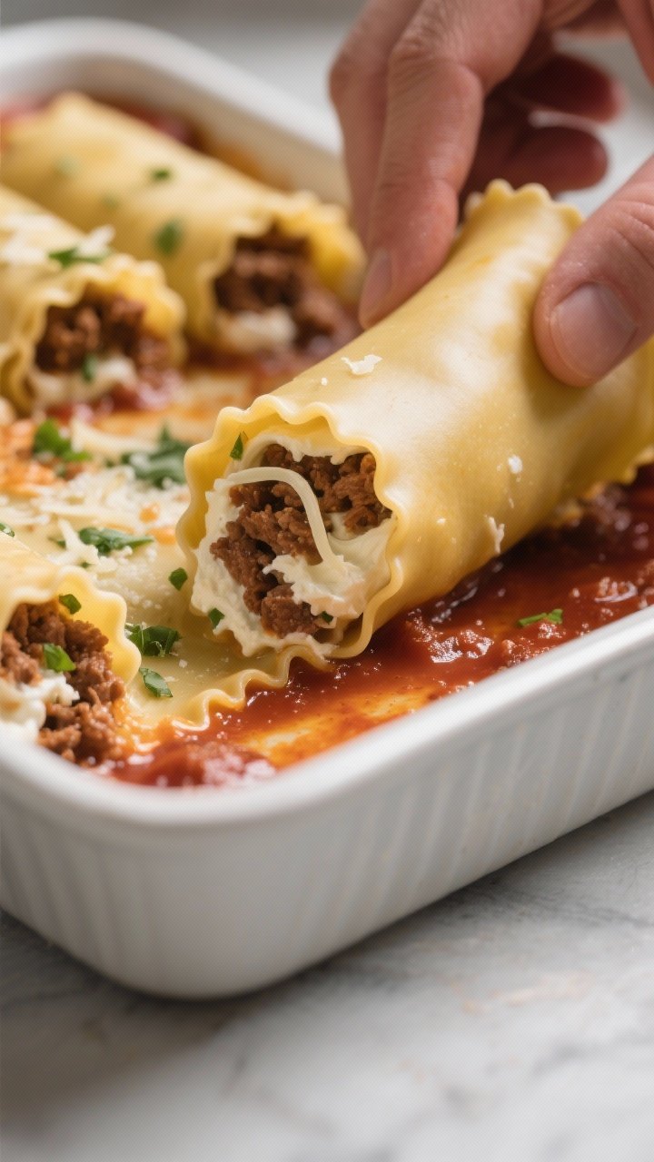 Cooking process, close-up detail: A tight, shallow-depth-of-field shot of a lasagna noodle being rol
