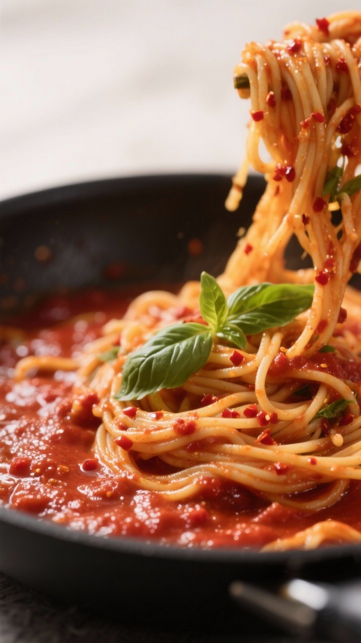 Cooking process, close-up detail: A tight, shallow-depth-of-field shot of spaghetti being tossed in 