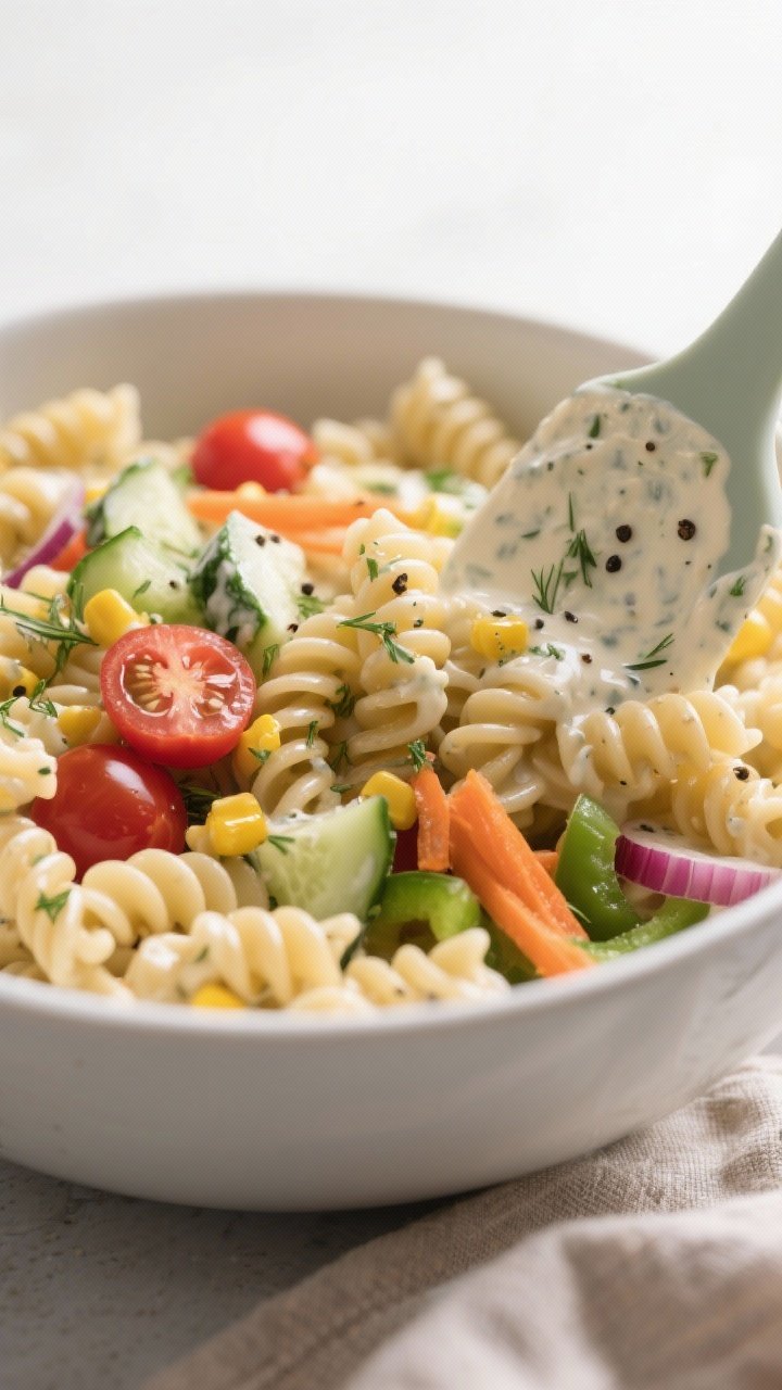 Cooking process, close-up detail: Al dente rotini just cooled and dried, being gently tossed with cr