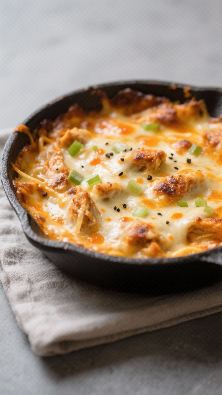 Cooking process, close-up detail: Buffalo chicken dip bubbling in a small cast-iron skillet just out
