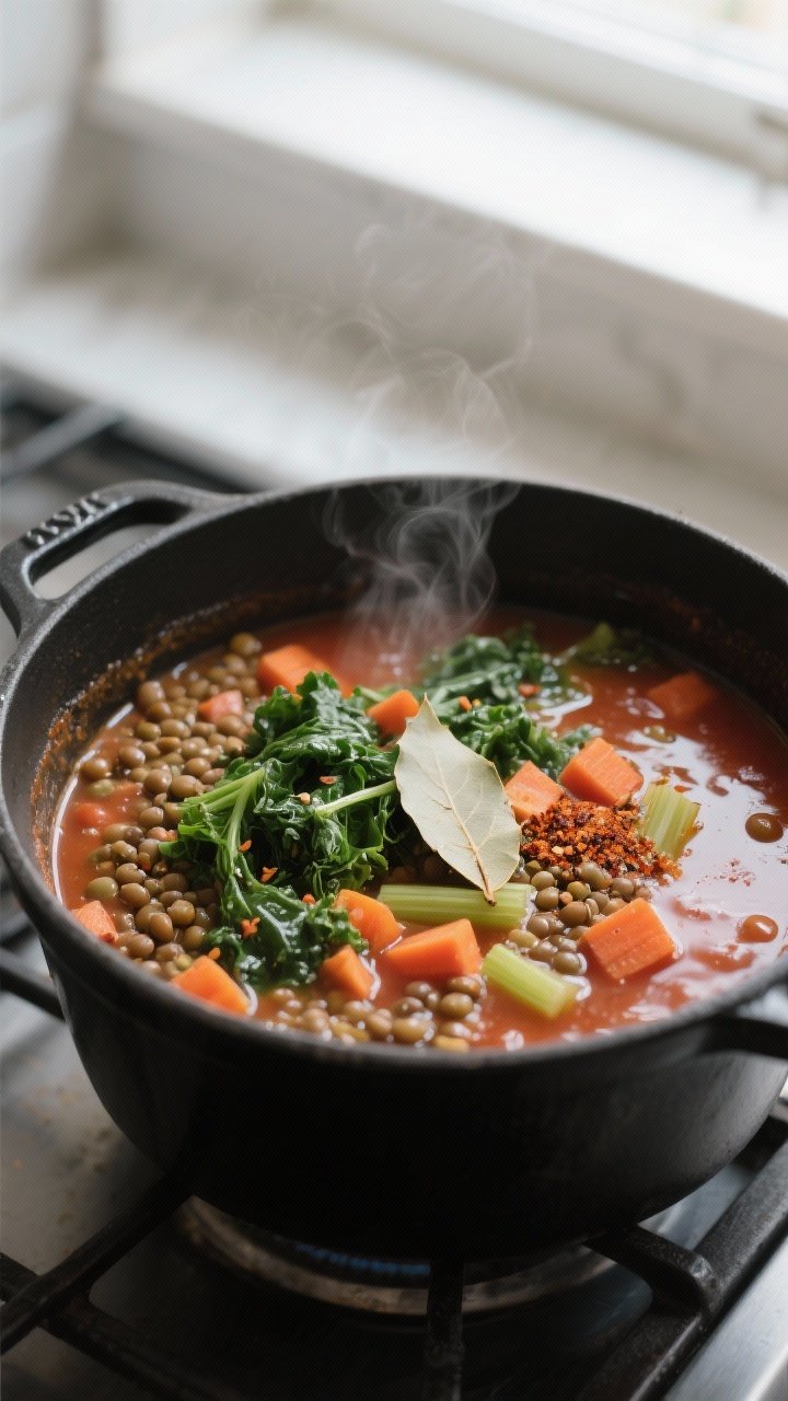 Cooking process, close-up detail: Close-up of a simmering pot of hearty lentil and kale soup, captur