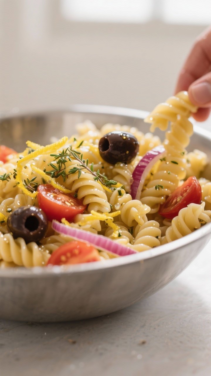 Cooking process, close-up detail: Close-up of al dente rotini being tossed with glossy lemon-oregano