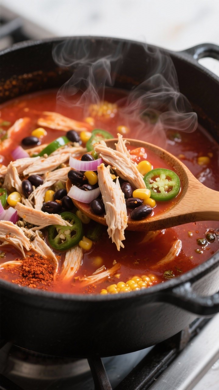 Cooking process, close-up detail: Close-up of chicken tortilla soup simmering in a matte black Dutch