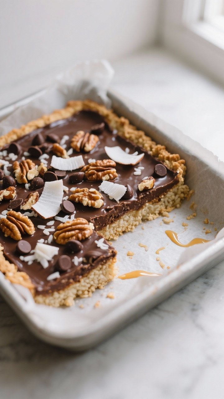 Cooking process, close-up detail: Close-up of freshly baked Chocolate Rice Cake Magic Bars cooling i