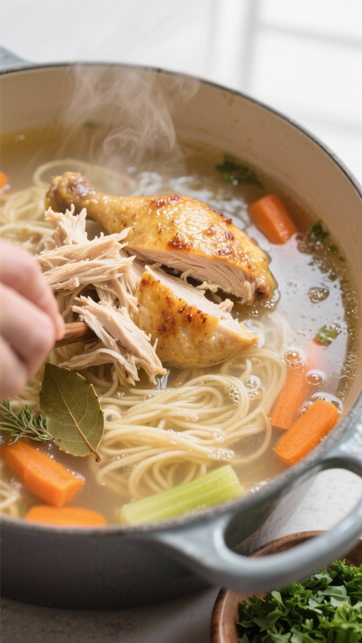 Cooking process, close-up detail: Close-up of golden-seared chicken thighs just after shredding bein