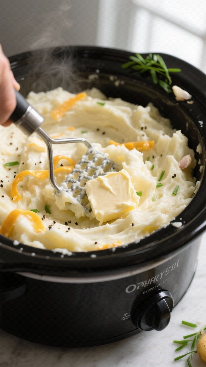 Cooking process, close-up detail: Creamy mashed potatoes being mixed directly in a black crockpot on