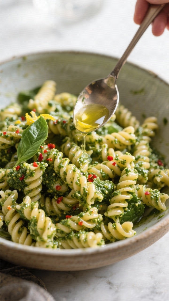 Cooking process, close-up detail: Glossy al dente fusilli being tossed in a large ceramic bowl with