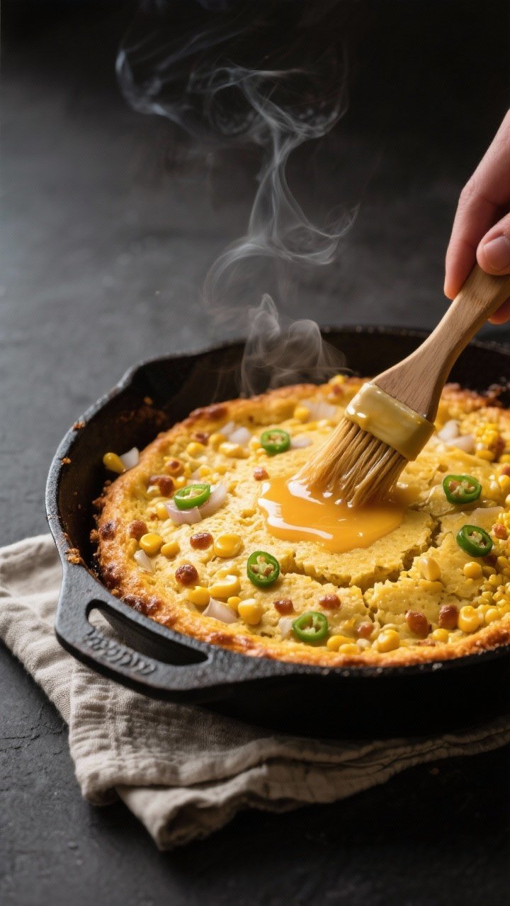Cooking process, close-up detail: Golden cornbread casserole just pulled from the oven in a preheate