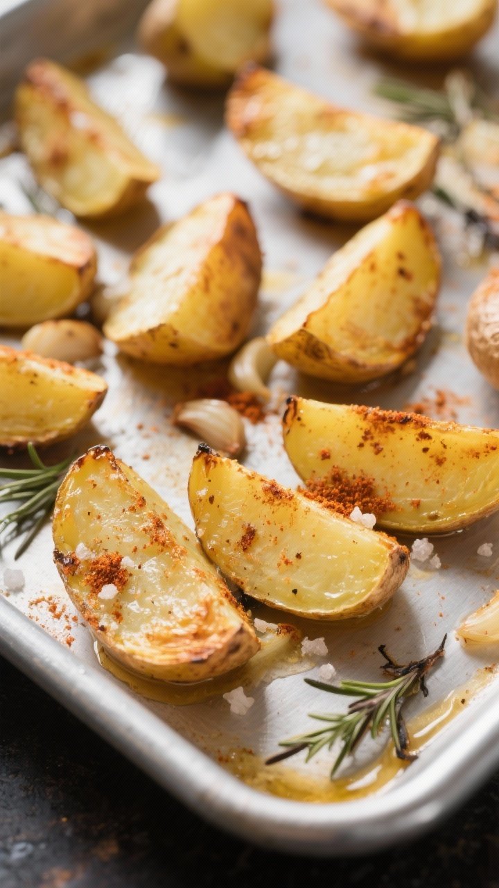 Cooking process, close-up detail: Roasted seasoned potatoes midway through baking on a preheated, ri