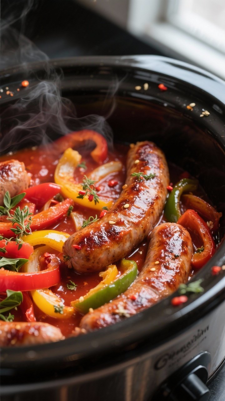 Cooking process, close-up detail: Seared Italian sausage links nestled in a slow cooker among tender