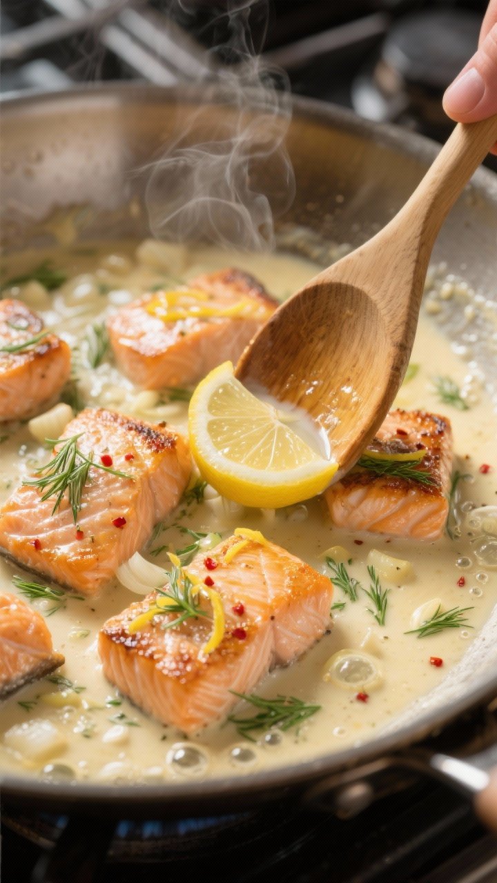 Cooking process, close-up detail: Seared salmon chunks sizzling in a large stainless skillet with a 