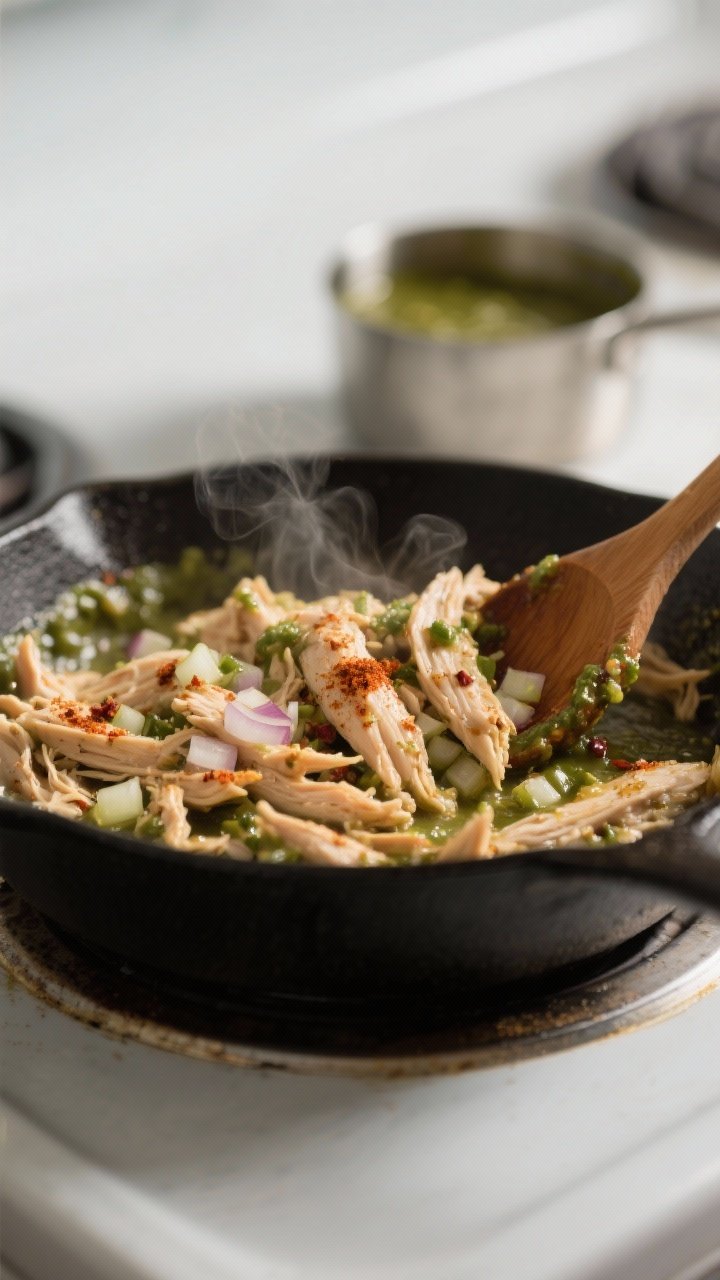 Cooking process, close-up detail: Shredded chicken sizzling in a skillet, coated in warm salsa verde