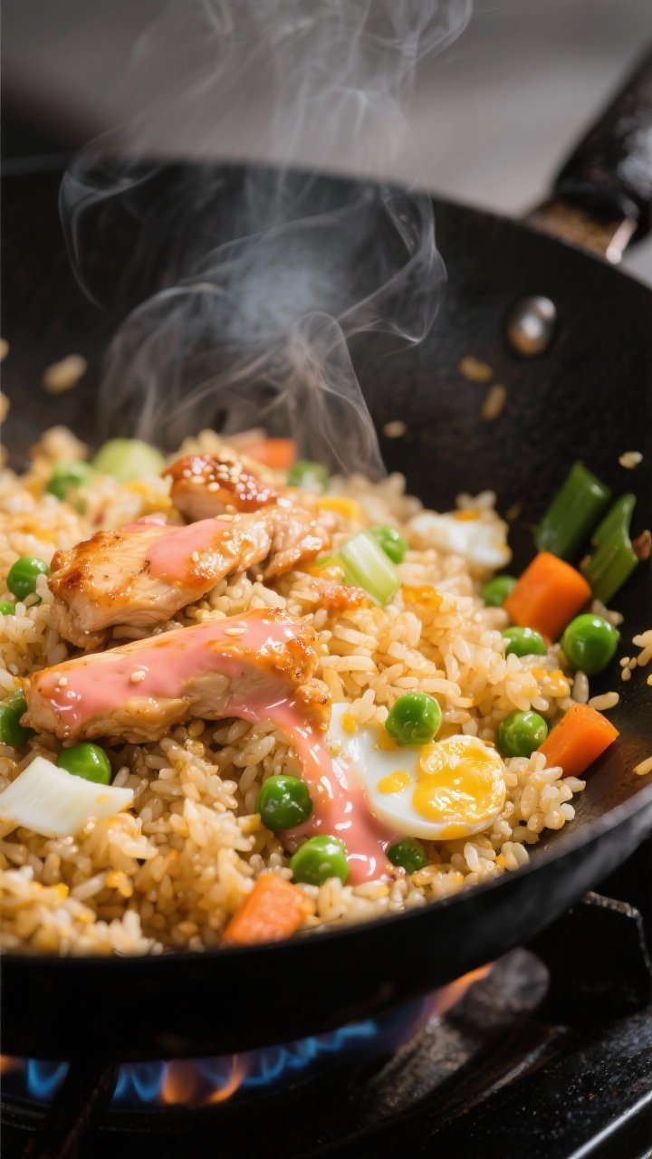 Cooking process, close-up detail: Sizzling bang bang chicken fried rice in a black carbon-steel wok 
