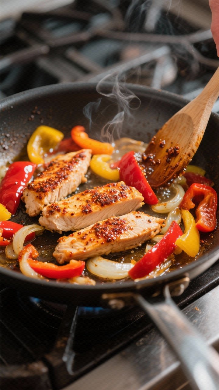 Cooking process, close-up detail: Sliced Cajun-seasoned chicken strips sizzling in a large skillet w
