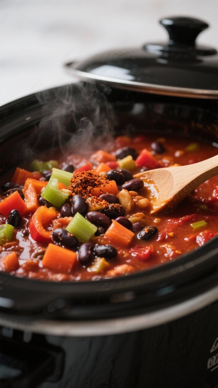 Cooking process, close-up detail: Slow cooker vegetarian chili mid-simmer inside a matte black slow