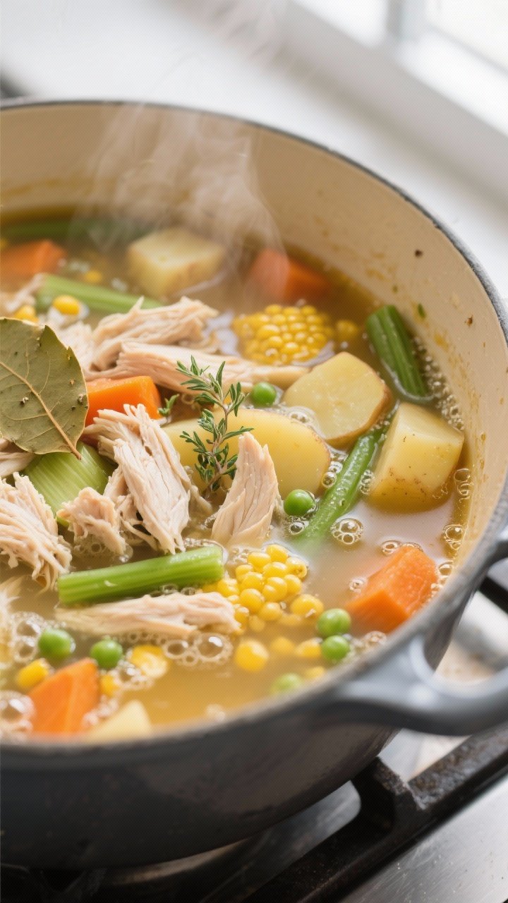 Cooking process, close-up detail: Steaming pot of hearty chicken and vegetable soup at a gentle simm