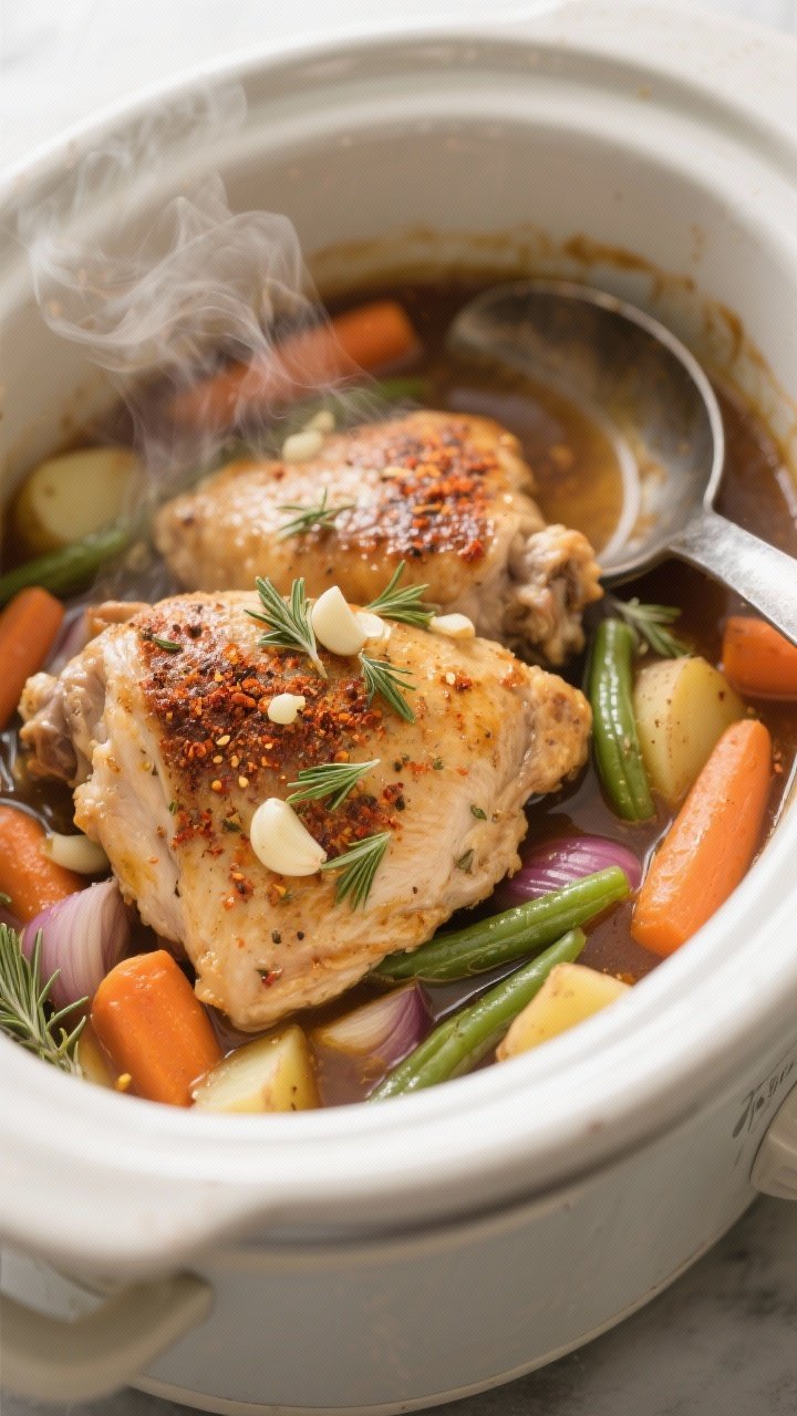 Cooking process, close-up detail: Tender, spice-rubbed chicken thighs nestled over cooked carrots, p