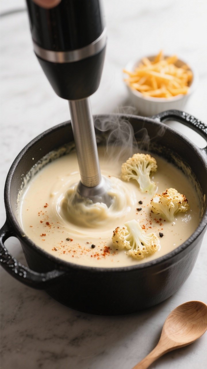 Cooking process, close-up detail: Velvety keto cheesy cauliflower soup being blended smooth with an 