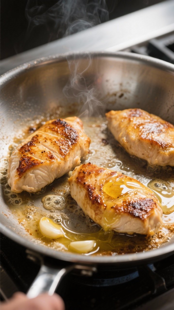Cooking process close-up: Golden, juicy chicken breasts being seared in a stainless-steel skillet, e