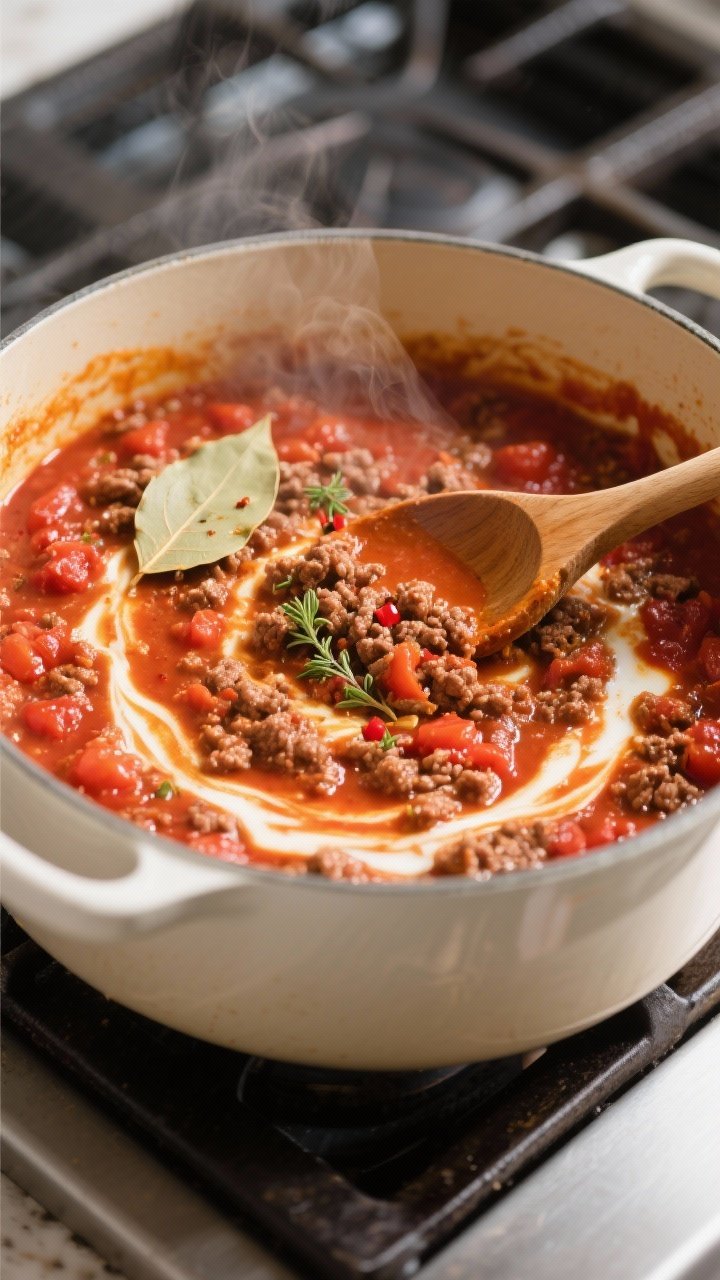 Cooking process close-up: In a wide, enameled Dutch oven, a rich Bolognese sauce gently simmers, sho