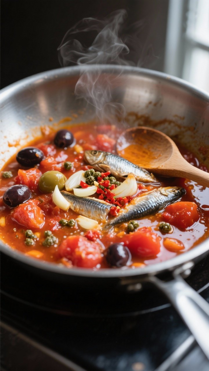 Cooking process close-up: In a wide stainless-steel skillet, glossy puttanesca sauce gently simmerin