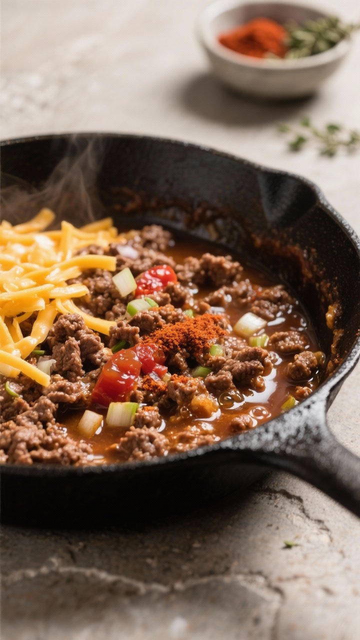 Cooking process close-up: In-skillet shot of taco-seasoned ground beef simmering with sugar-free sal